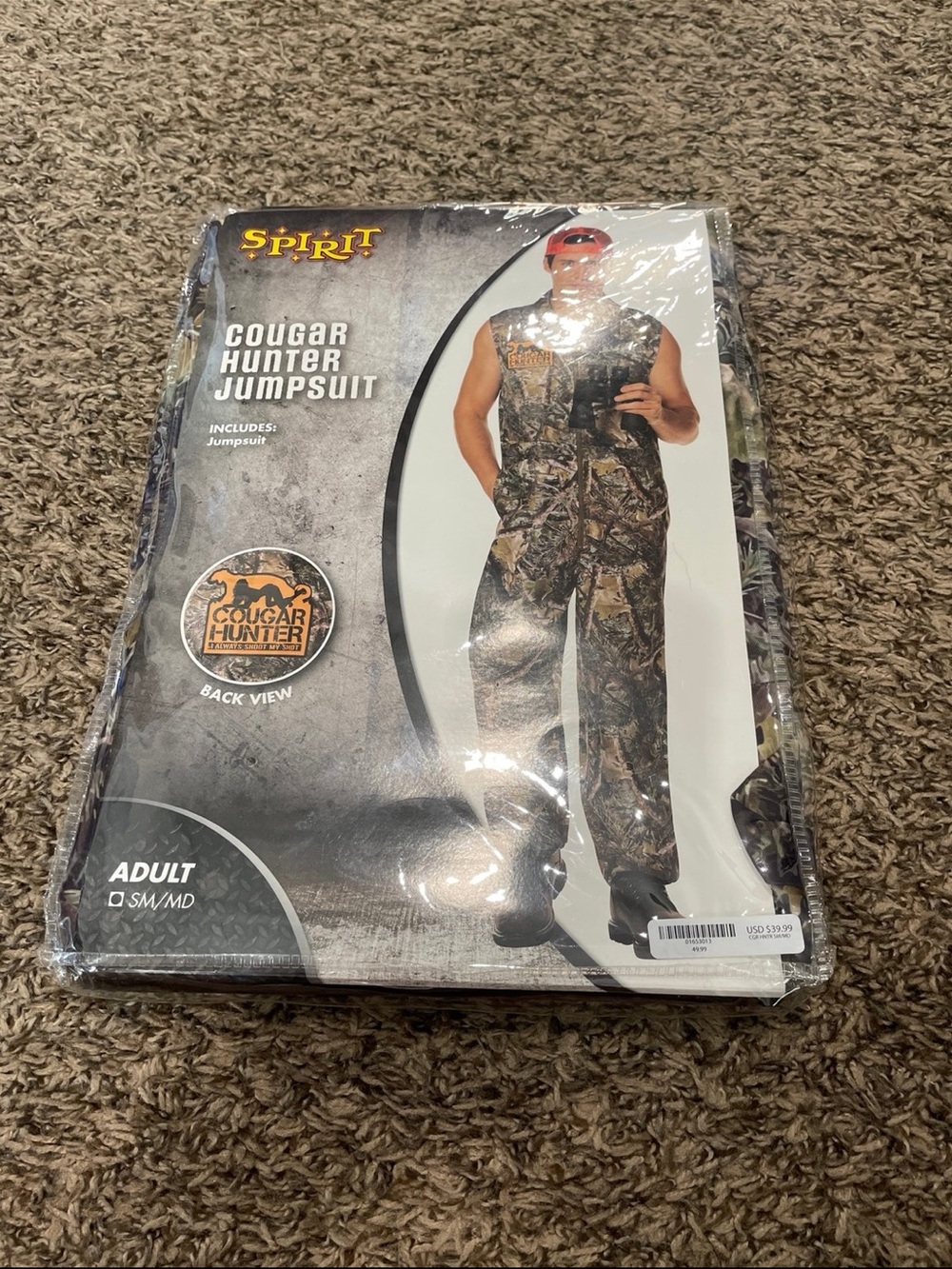 Spirit Halloween cougar hunter jumpsuit costume brand new adult S/M